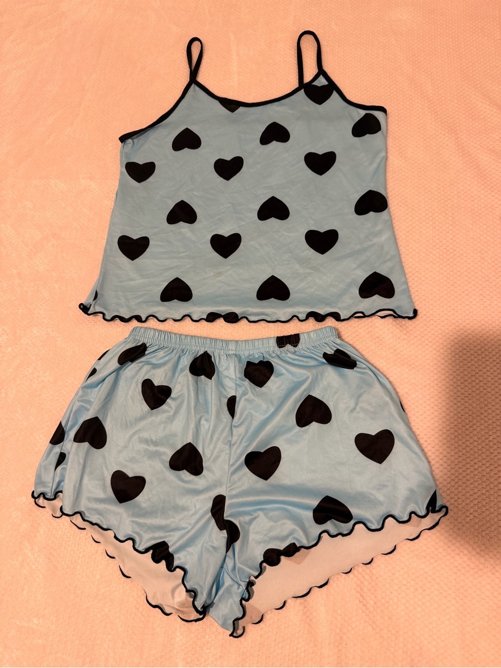 Light Blue Heart-Print Satin Cami & Short Sleep Set